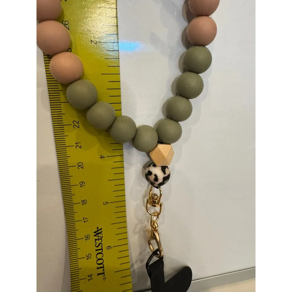 Silicone Bead Wristlet Keychain Leopard Print Sage Green Phone Tether Gold Clasp